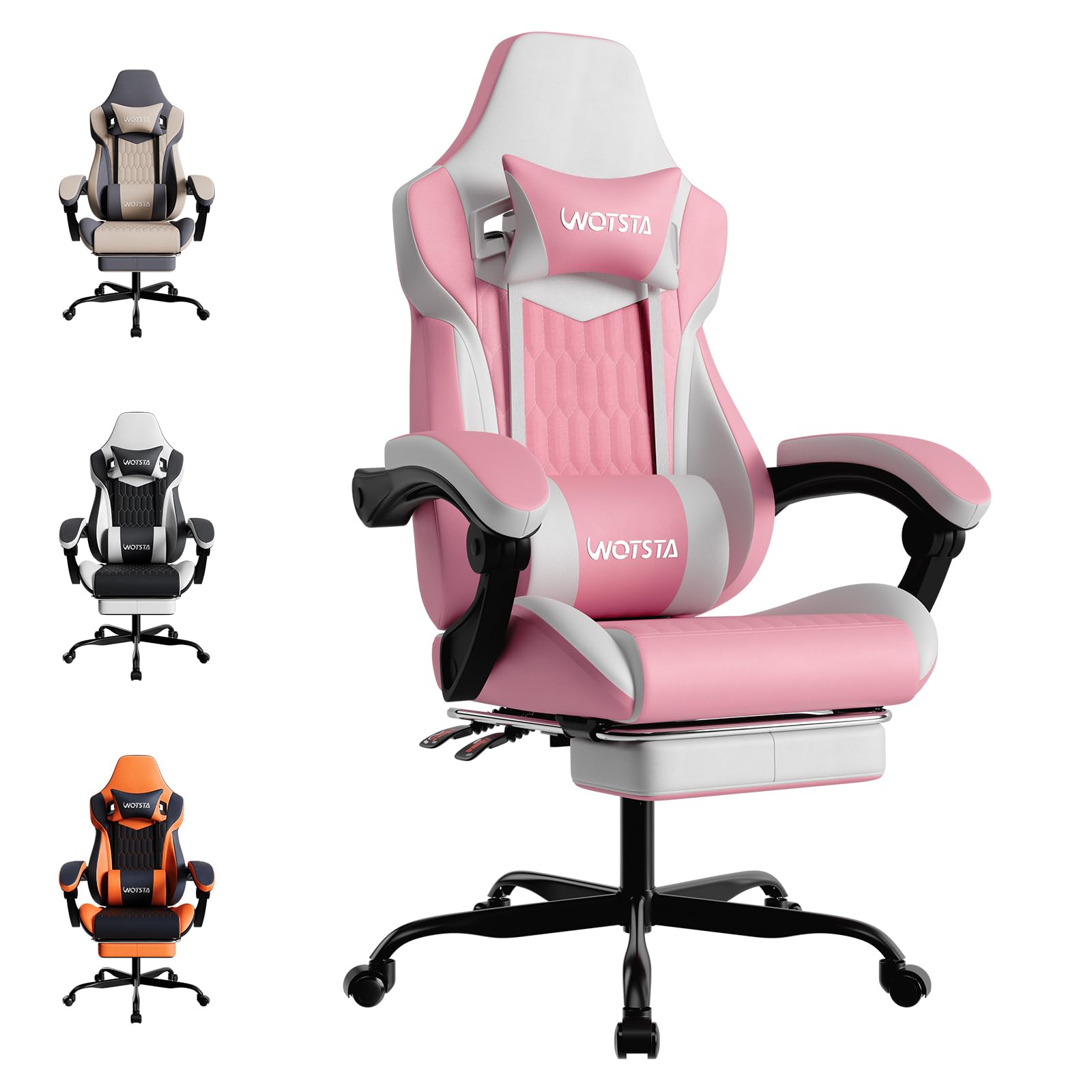 WOTSTA Gaming Chair, Ergonomic Gaming Chair with Footrest and Lumbar Support, Computer Chairs, Height Adjustable Computer Racing Gamer Chairs for Gaming or Office, Pink White