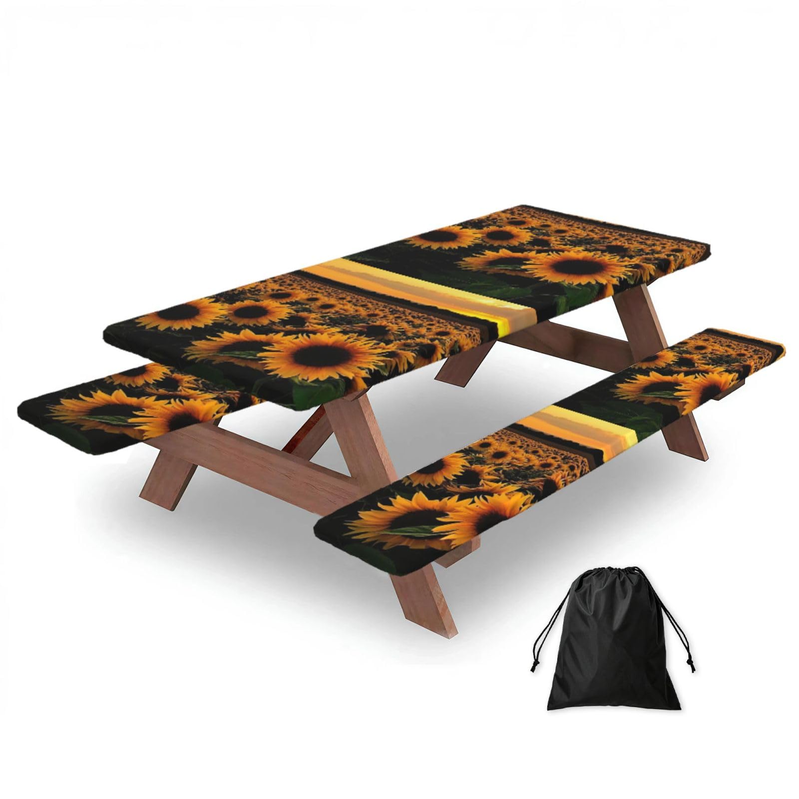 Yqxwjl Black Sunflowers Print Camping Essentials Waterproof Camping Table And Bench Cover With Drawstring Bag 183 Cm