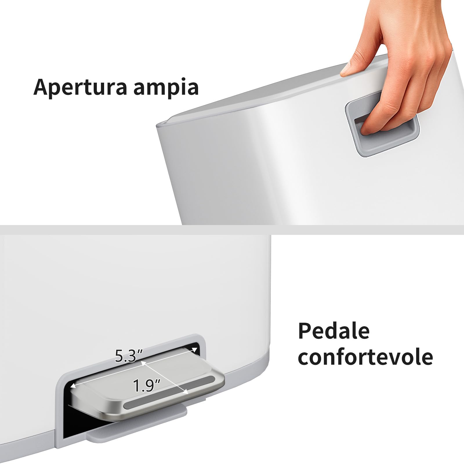mVm Pattumiera Cucina, Pattumiera 30 litri, Acciaio, Secchio in Plastica Rimovibile, Cestino a Pedale con Coperchio Maniglie Chiusura Morbida, per Cucina, Ufficio, Bianco