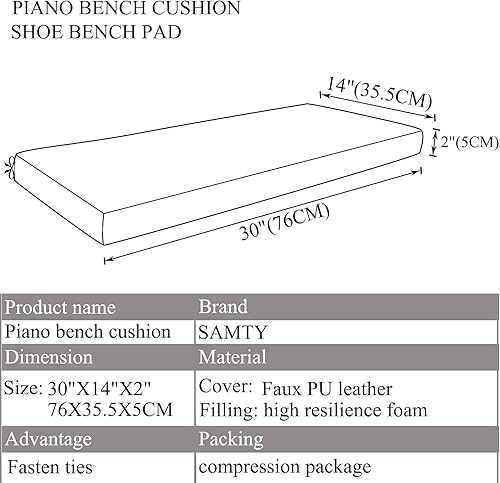 Miniatura 2 de Cojines de banco de piano con piel sintética impermeable para almacenamiento de zapatos, almohadilla de banco de 14 x 30 pulgadas, color marrón