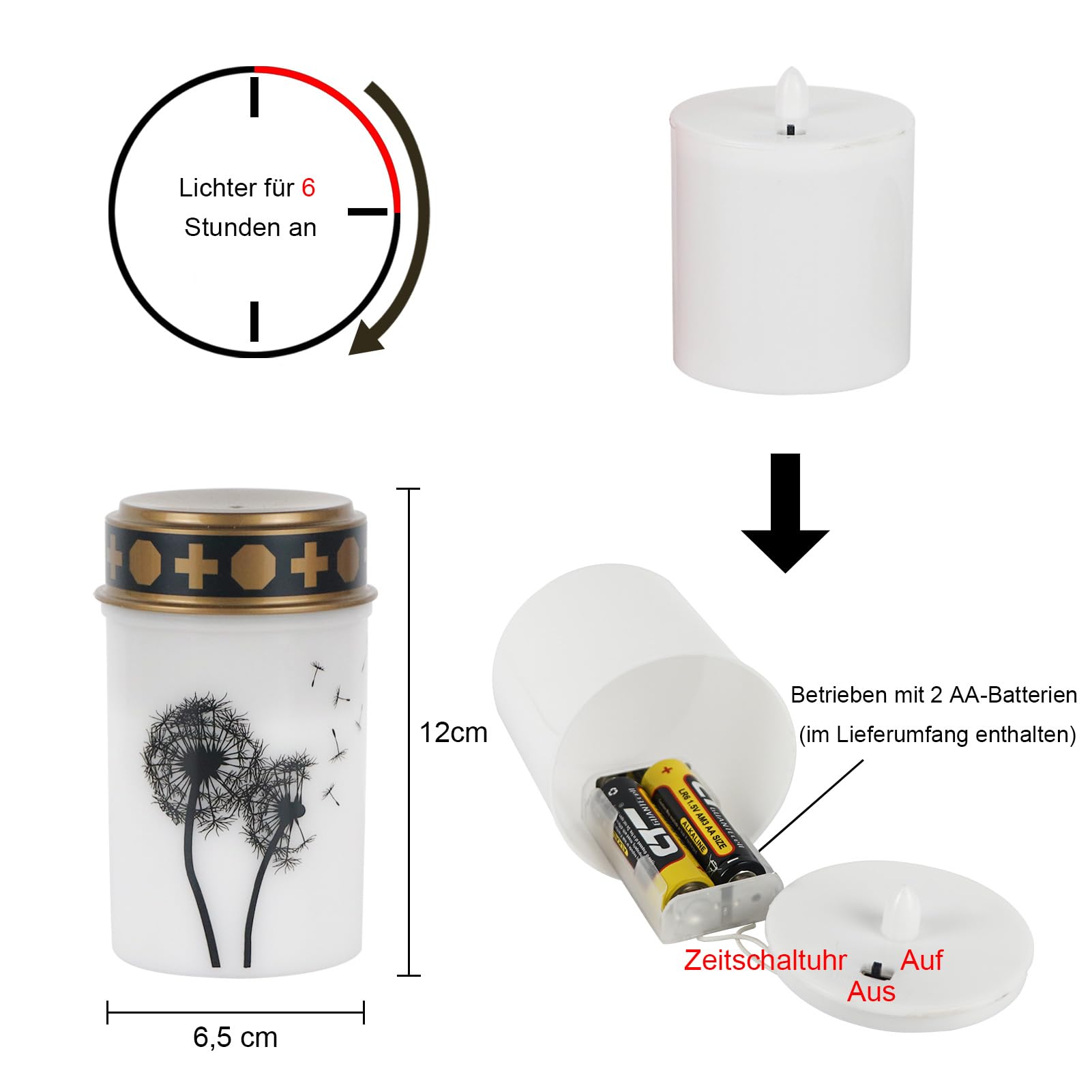 Eldnacele Weiße flackernde LED Grabkerzen mit 6-Stunden-Timer, batteriebetrieben, wasserdichte flammenlose Grabkerzen-Gedenkkerze (2er Pack)