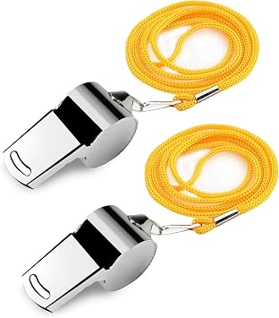 2Pcs Yellow Stainless Whistle with Lanyard, Loud Metal Emergency Sports Whistle Soccer Football Whistles for Referee, Teacher, Kids,Coach and Referee Gear Whistles