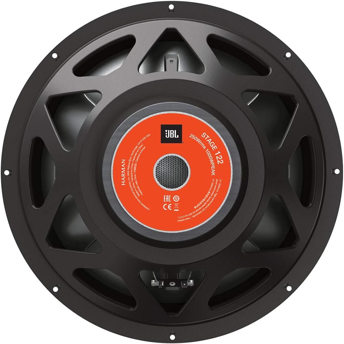 Zadní view z JBL Stage 122AM 12-inch car audio subwoofer, showing the magnet structure, terminal connections, and product label with specifications.