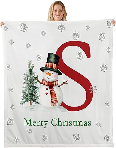 Erosebridal Christmas Snowman Fleece Blanket 40x50  Initial S Monogram Fuzzy Plush Throw for Sofa Couch Christmas Trees Snowflake Sherpa Blanket