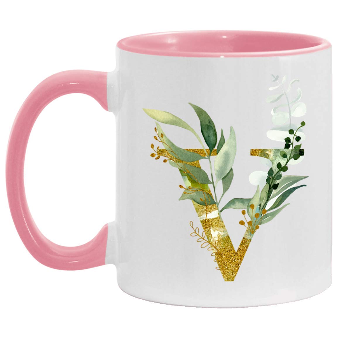 Personalized Monogram Mug, V Graphic Letter V Accent Mug, Alphabet Letter Monogram V, Gold Shimmer Any Letter Floral Alphabet Coffee Cup For Her Birthday Christmas Mothers Day Coffee Mug (Pink)