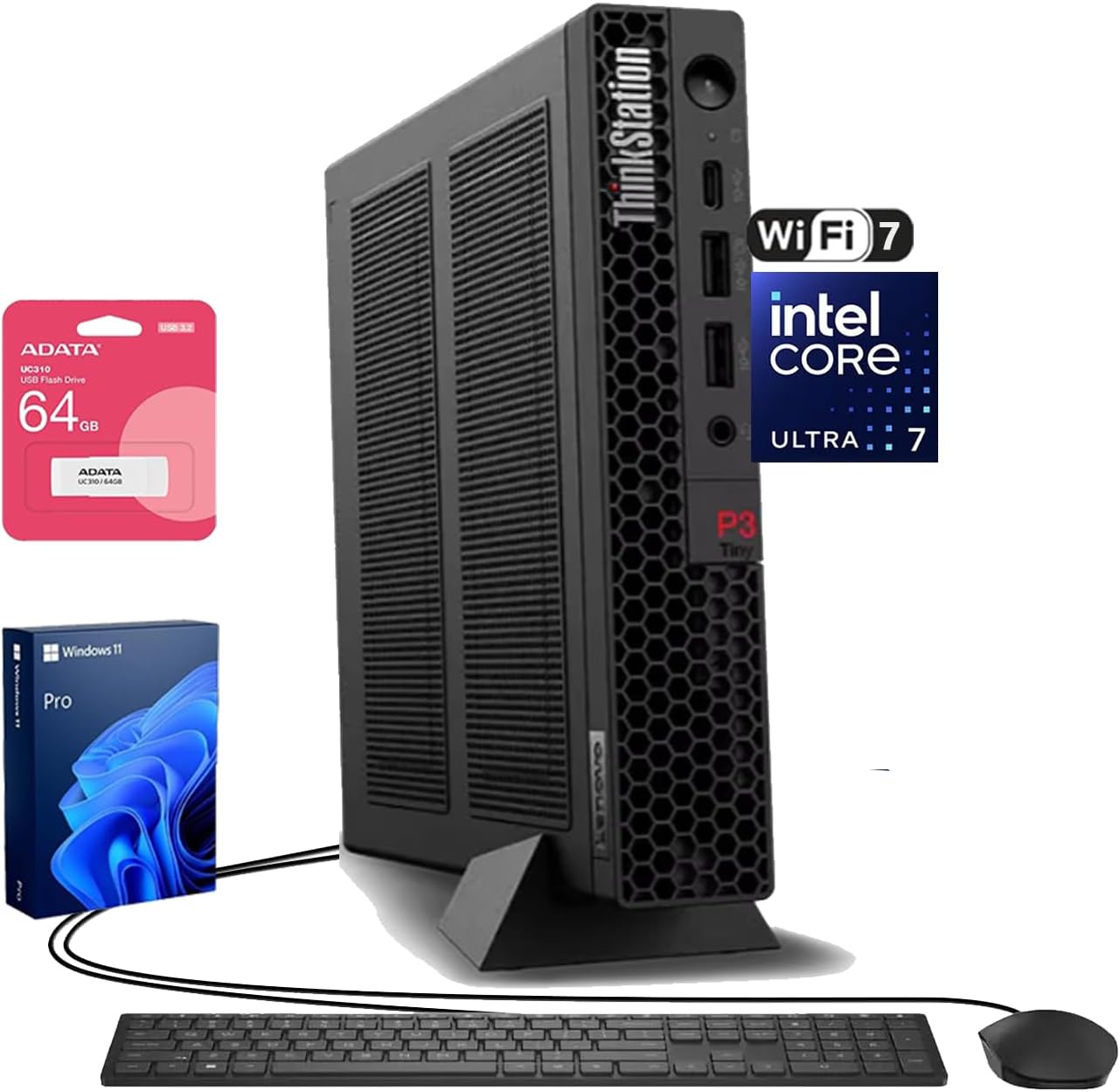 ThinkStation P3 Tiny Workstation Business AI Desktop, Intel Core Ultra 7 265 vPro, NVIDIA RTX A1000 8GB GDDR6, 32GB DDR5, 1TB SSD, Wi-Fi 7, HDMI, DP, Wired KB & Mouse, Win 11 Pro, w/Bundle
