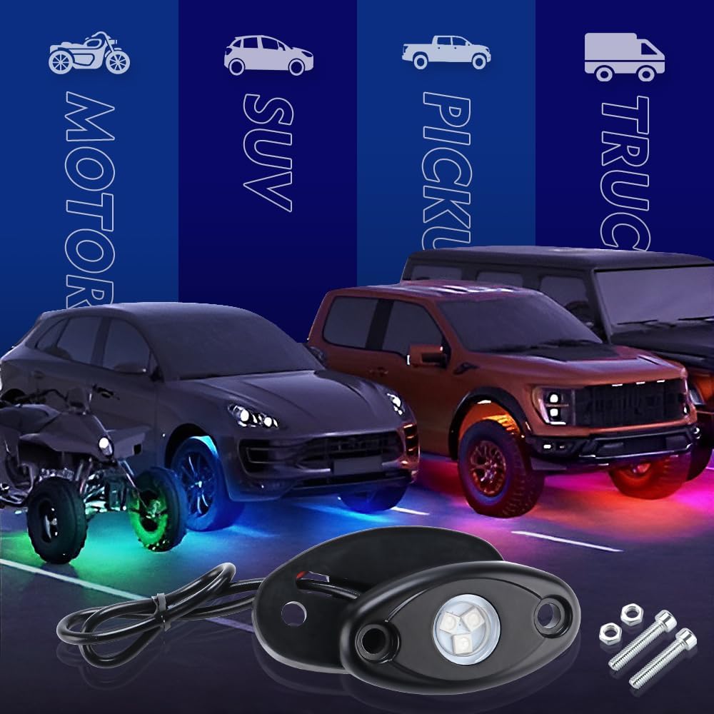 4Pods RGB Led Rock Lights, Automotive Neon Accent Light Kits Aluminium Housing Waterproof Strobe Rock Lights for Trucks, Motorbikes, Boats, ATVs, UTVs