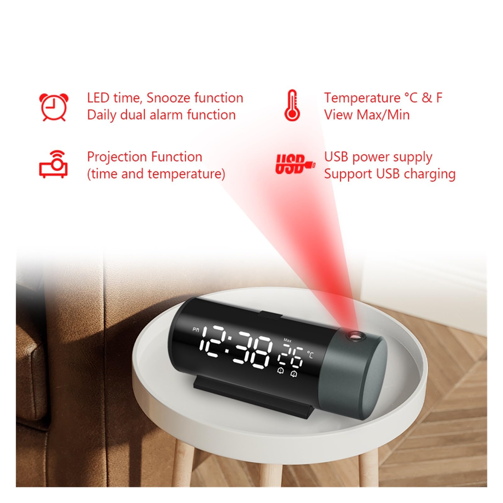 LED Digital Projektion Wecker Uhr Tisch Elektronische Desktop Uhren USB Wake Up Zeit Projektor Snooze Funktion Klare Projektion