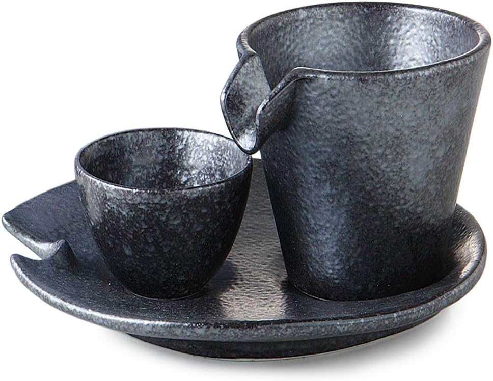 Mino Ware Silver Black Shizuru Cold Sake Set Tokkuri Cup Saucer Japan