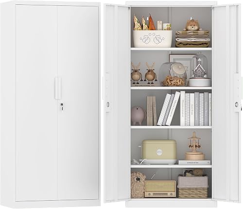 GREATMEET 71" Tall White Metal Garage Storage Cabinet with Locking Doors and Adjustable Shelves GREATMEET 71" Tall White Metal Garage Storage Cabinet with Locking Doors and Adjustable Shelves