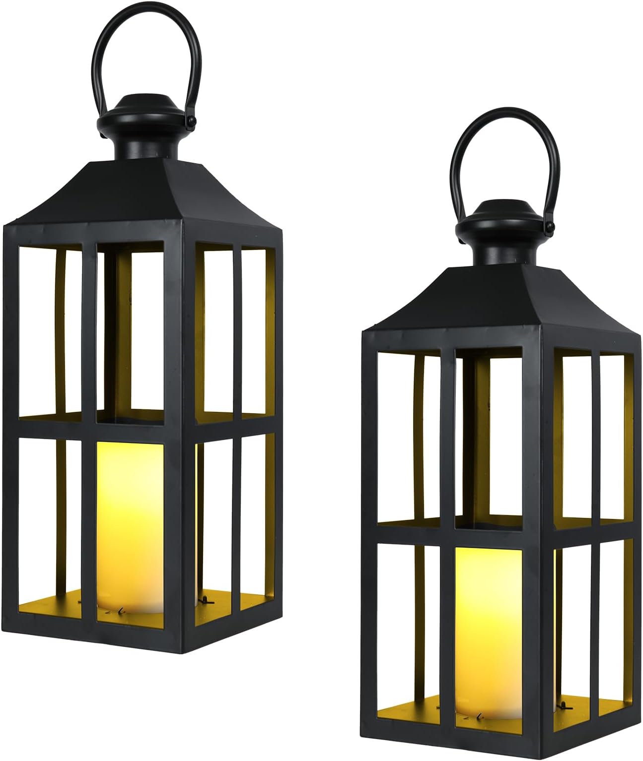 2 Pack Black Metal Lantern with LED Candle, Battery Operated, 17.7 Inch Tall Decorative Candle Holder, for Indoor and Outdoor Use, Perfect for Home Décor, Weddings, Parties, and Holiday Decorations