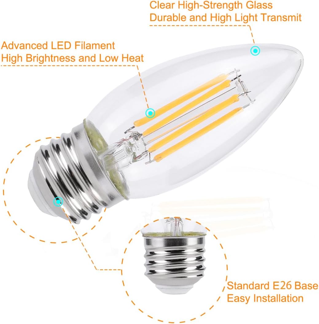 KINUR E26 B11 Candelabra led Light Bulbs 4 Watt (40 Watt Equivalent) LED Chandelier Light Bulbs 2700K Warm White Chandelier Decorative Candle Light Bulb Ceiling Fan Bulb Non-Dimmable 10Pack - Image 2