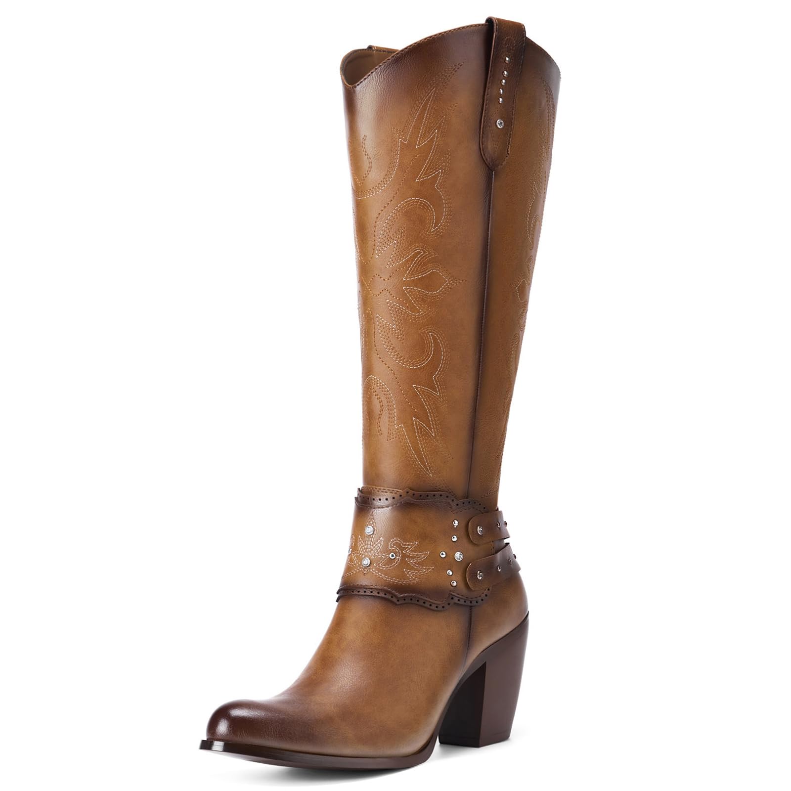 Rollda Cowboy Boots for Women, Cowgirl Boots Knee High, Ladies Tall Western Boots Rounded Toe Chunky Heel Pull on Zipper for Country Concert Party