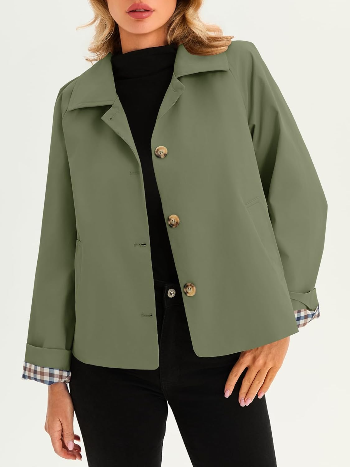 Tankaneo Womens Cropped Trench Coat Lightweight Single Breasted Jacket Fall Windbreaker Fashion Outerwear - Image 2