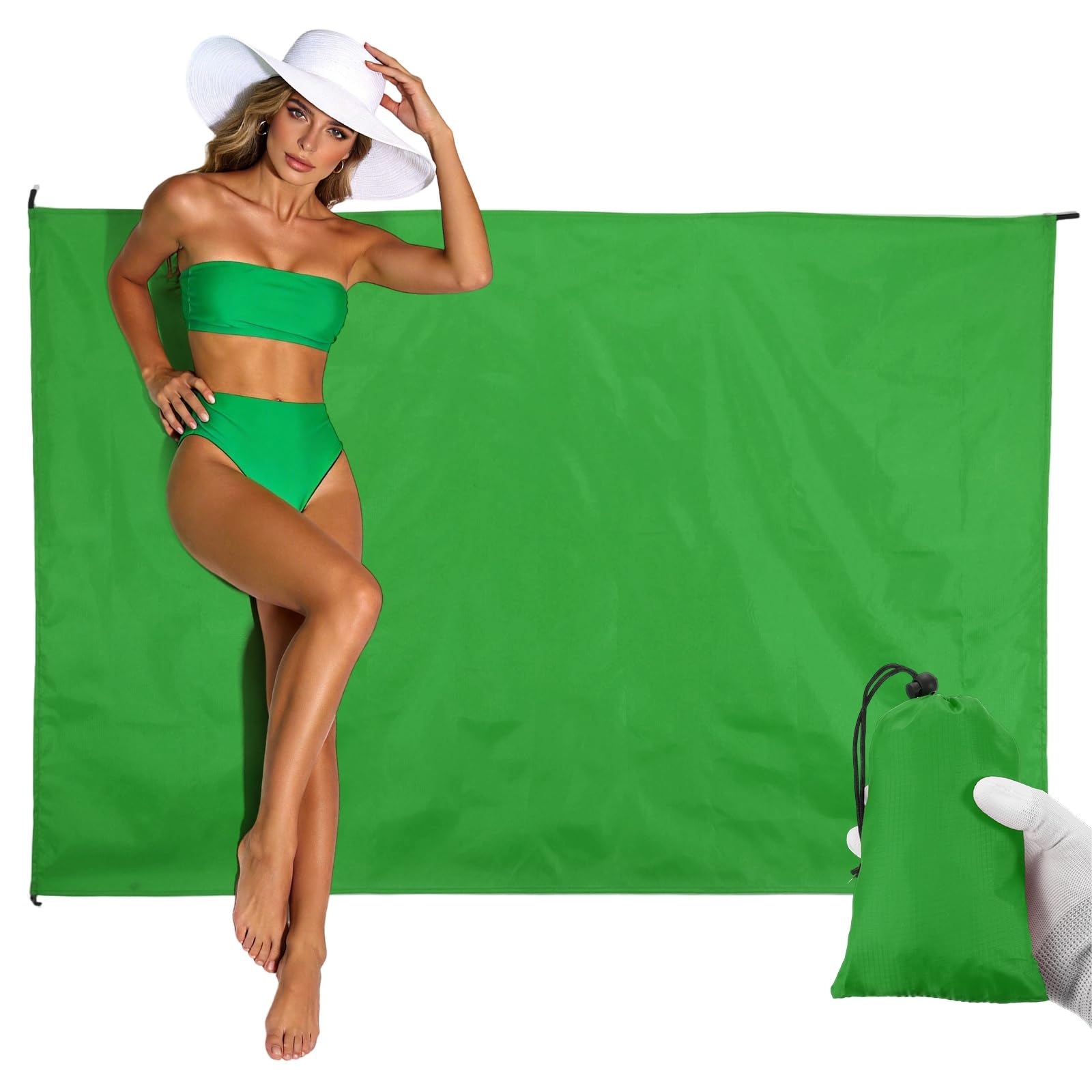 YELARXI Beach Blanket, Waterproof Foldable Beach Mat Compact Sand Free Quick Drying Beach Essentials with Carry Bag and 4 Pcs Stakes for (Beach/Camping/Hiking/Picnic) 55 x 39 & Green