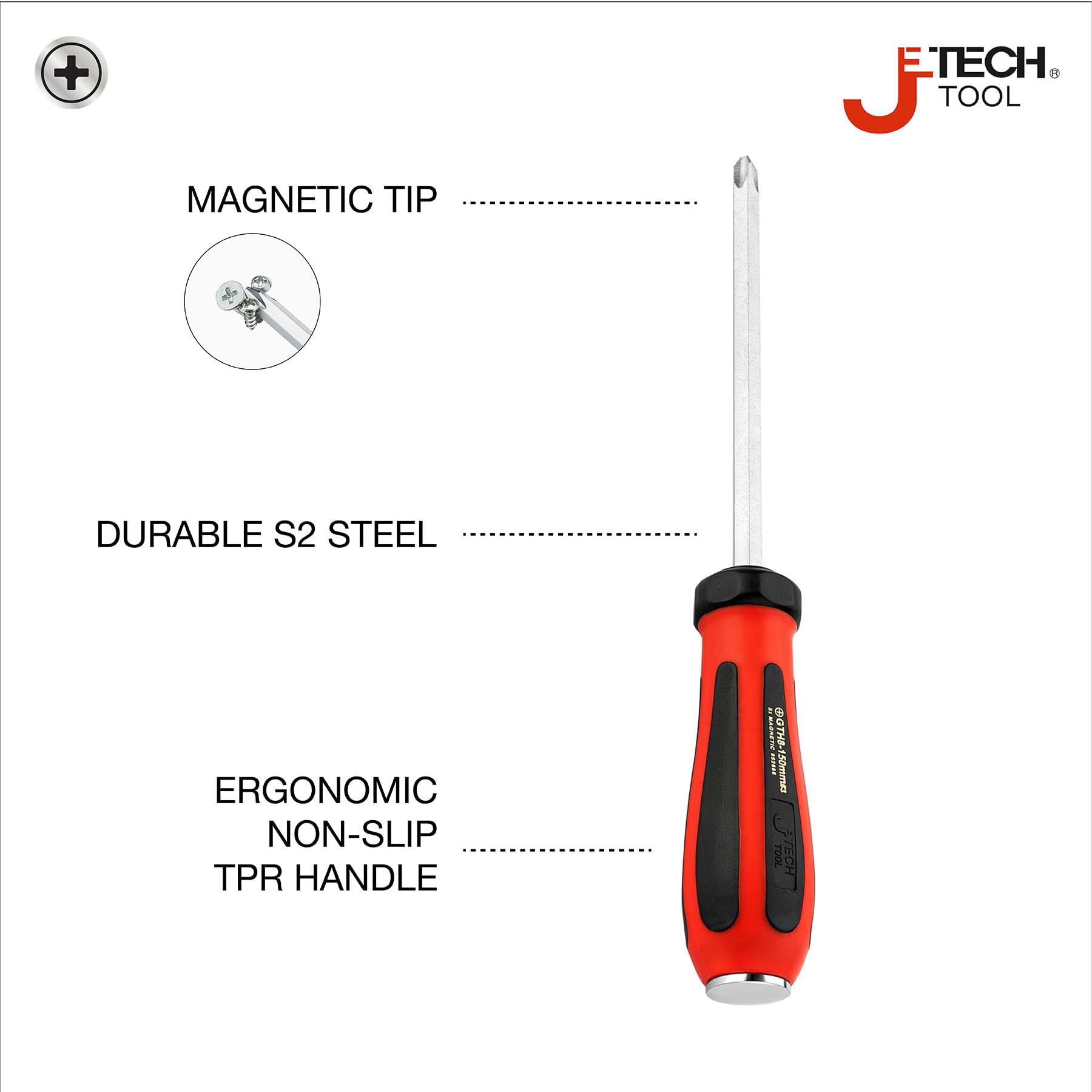 Jetech Striking Cap Phillips-Head Screwdriver, S2 Steel Magnetic Tip, Ergonomic TPR Handle, PH3x150mm
