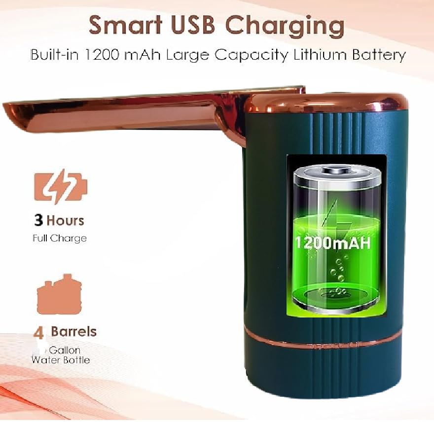 Image of Automatic Foldable Water Dispenser 20 Litre Bottle, Wireless Water Pump with USB Rechargeable Battery, Foldable Water Dispenser for Outdoor,Office & Home (Color- Pacific Green+Golden)