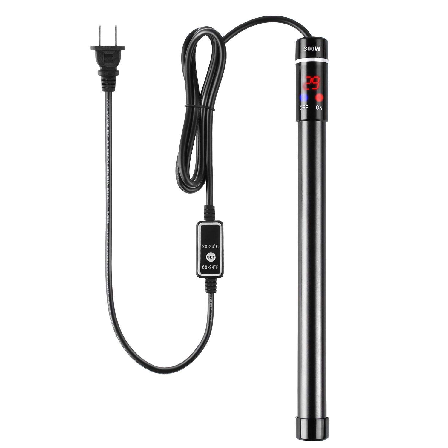 MQ Chauffage d'aquarium en alliage de titane 300 W pour eau salée et eau douce, écran LED numérique, chauffage submersible avec thermostat externe, pour aquarium de 177 à 180 litres