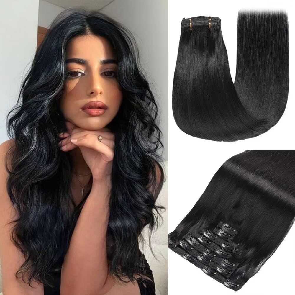 GUDOZO Clip in Extensions Human Hair 7pcs 30cm 80g Jet Black Invisible Human Hair Extensions Clip In Extensions Clip In Skin Weft Hair Extensions Human Hair (12Inch,1#)