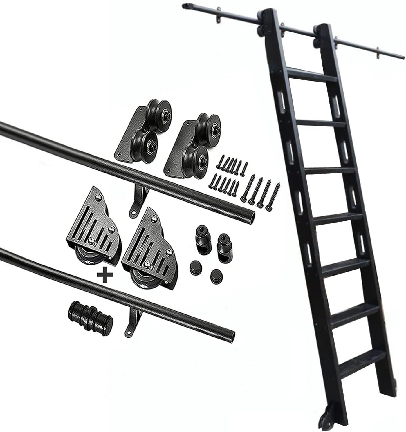Rolling Ladder Hardware Library Sliding Ladder Hardware Kit, Round Track/Rail, with Floor Roller Wheels, Round Tube Mobile Ladder Tracks，10ft/300cm Track kit