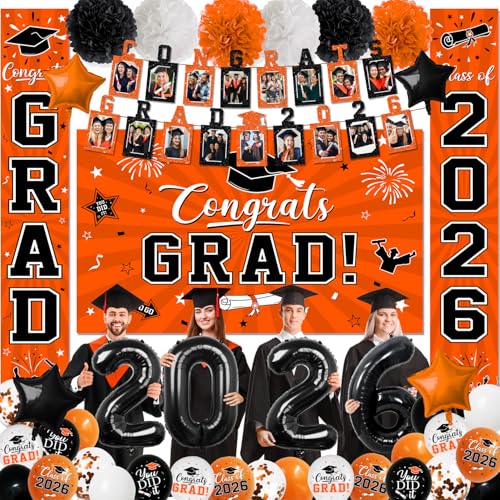 Image of 2026 Graduation Decorations, Orange Themed Class of 2026 Decorations Set, Congrats Grad Backdrop, Photo Banner, Door Banner, Balloons and Pom Poms Supplies for High School College Graduation Party