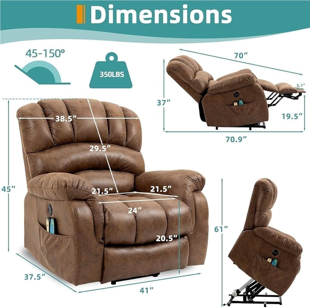 Electric Lift Recliner Chair for Elderly Adults Large Sofa with Extended Footrest Massage Heat USB Ports Comfortable Living Room Seating
