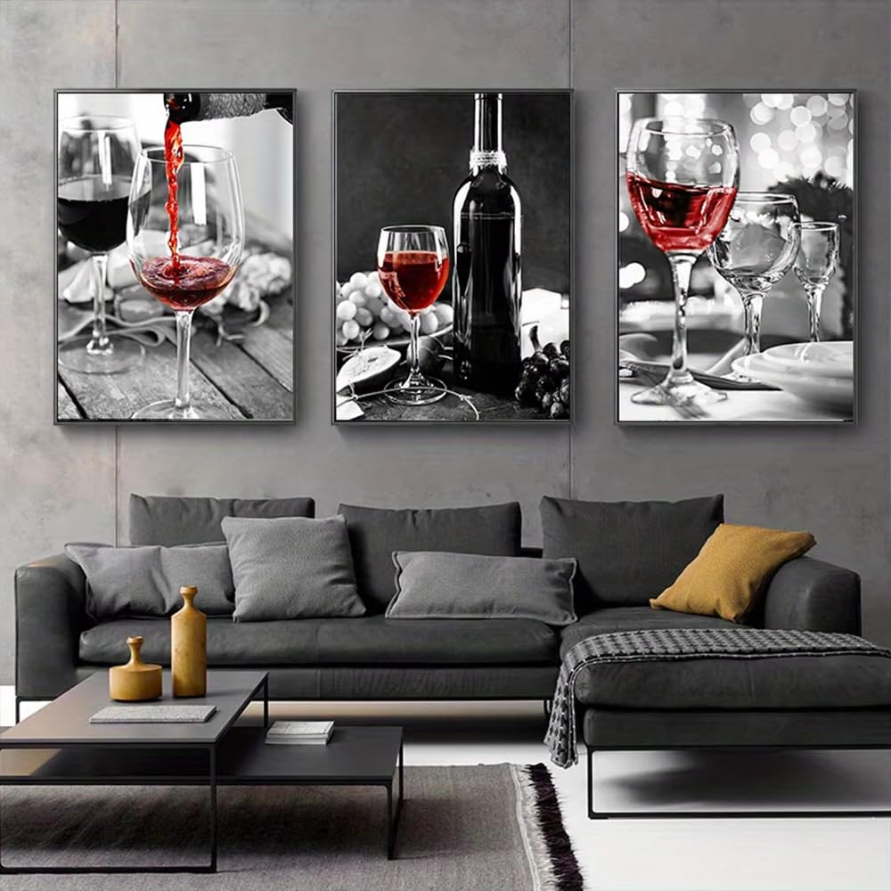 IHHGNB Frameless Kitchen Poster Red Wine and Bottle Picture Black White Drink Wall Art Canvas Painting Dining Room Decor(50x70cm(20x28in) x3/No frame)