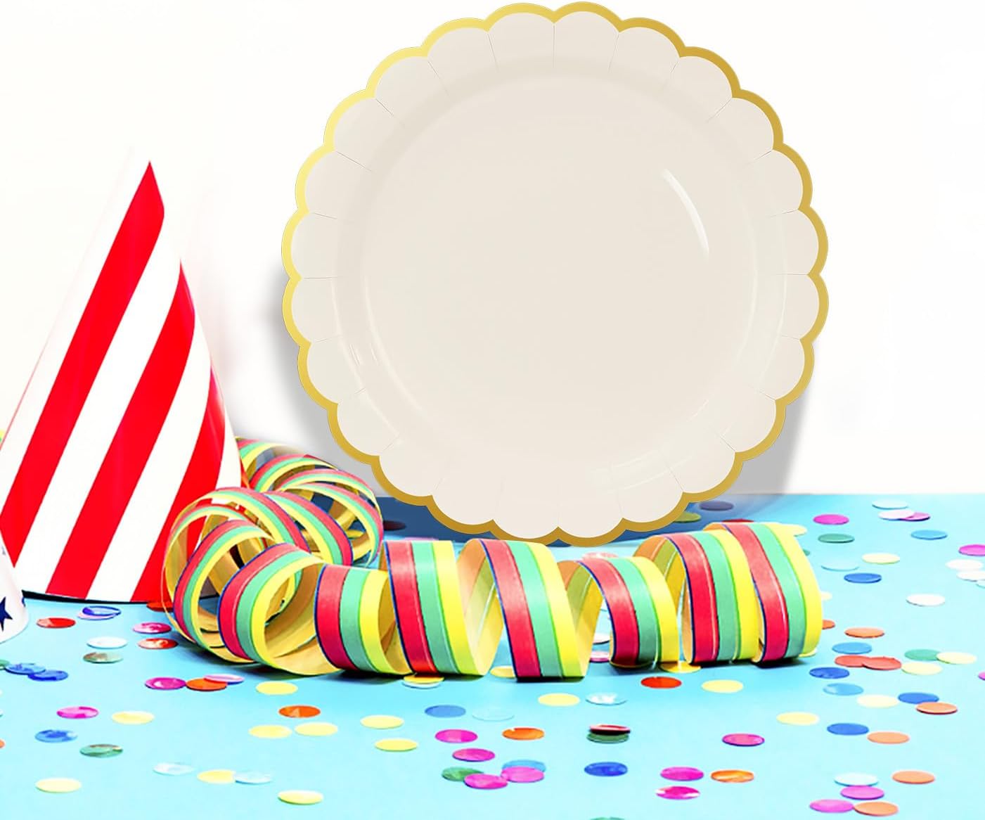 HEIPINIUYE 50 Pieces Ivory Paper Plates with Gold Foil 7 Inch Disposable Ivory Scalloped Dinner Plates for Wedding Baby Shower Birthday Party Dessert Plate - Image 5