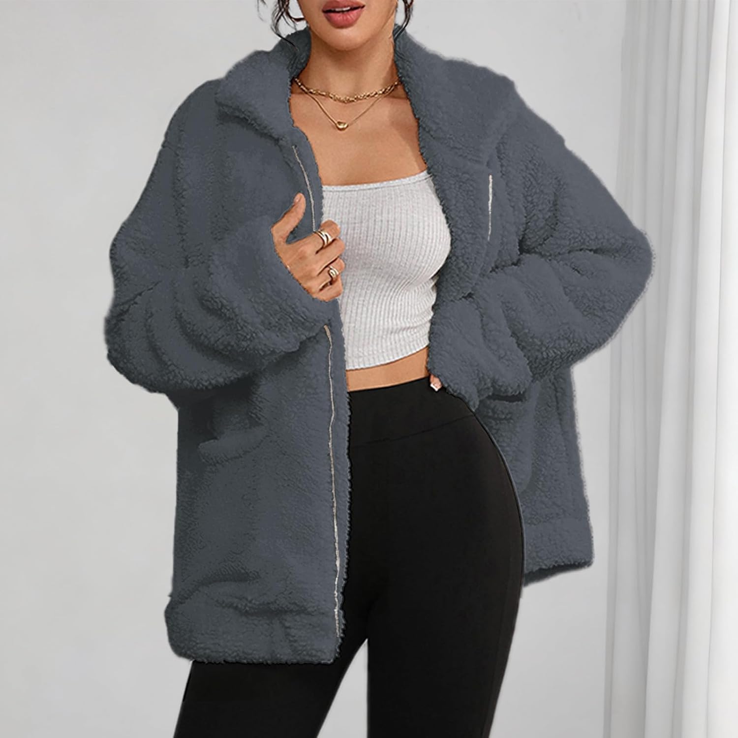 Women's Fuzzy Fleece Faux Shearling Coat, Winter Warm Oversized Jacket with Lapel Collar, Casual Zipper Outwear for Daily Use - Image 3