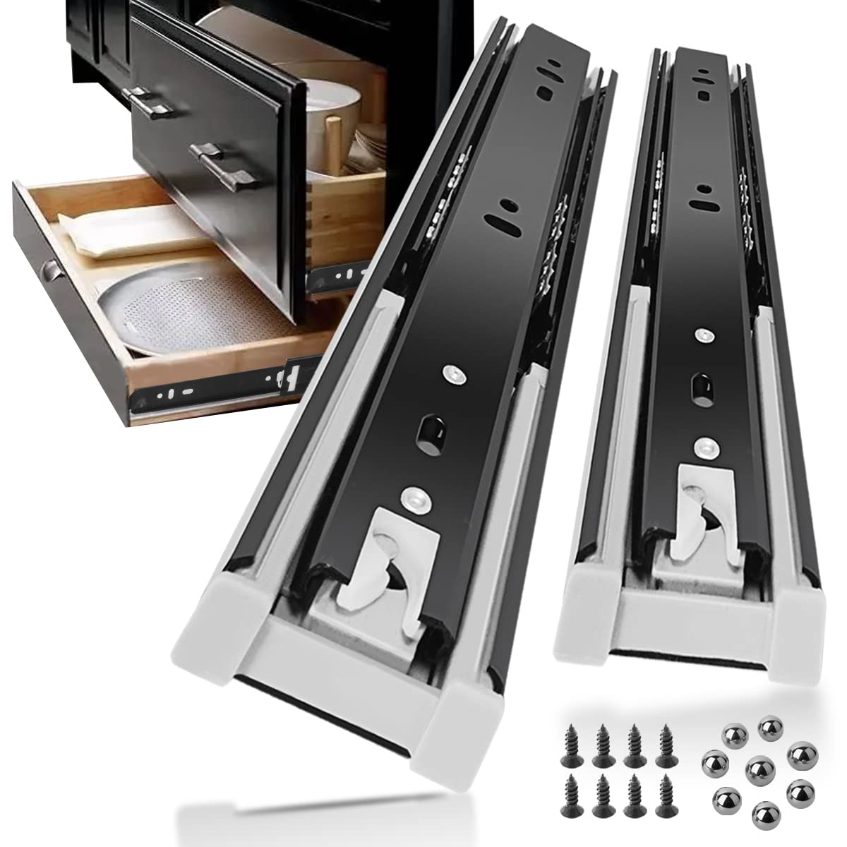 2 Pair 10 Inch Soft Close Drawer Slides Metal Full Extension Less Noise Ball Bearing Side Sliding Mount Black Heavy Duty 100 Pound Load Capacity