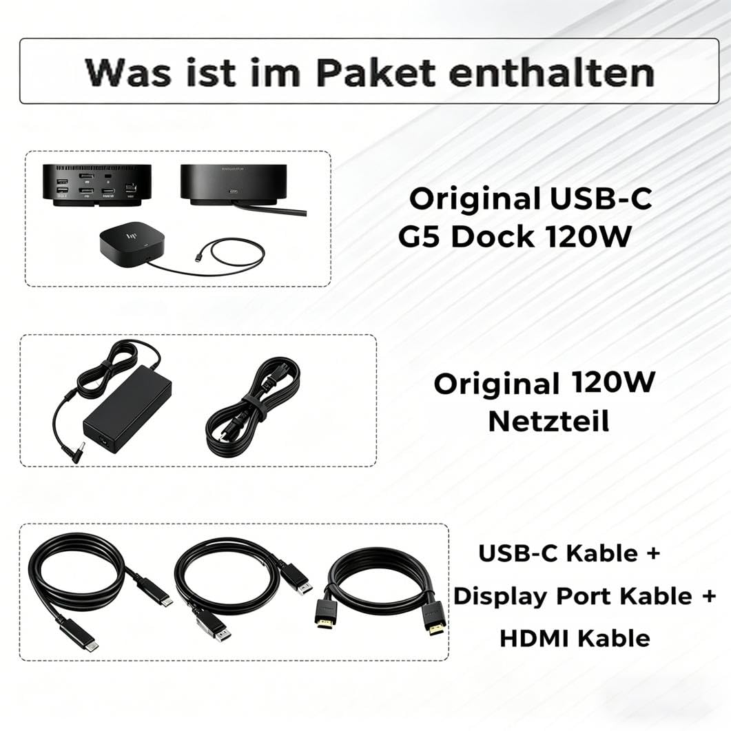 HP G5 Dockingstation 120W Essential USB-C Thunderbolt Docking Station mit 120W AC Adapter + HDMI Kabel + DisplayPort Kabel + USB-C Kabel
