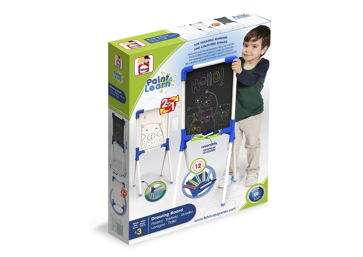 Chicos - Tableau Enfant 2en1 pour feutreseffaçables et craies de coleurs. Inclus 1 feutre et 10 craies. +36 mois (53029)