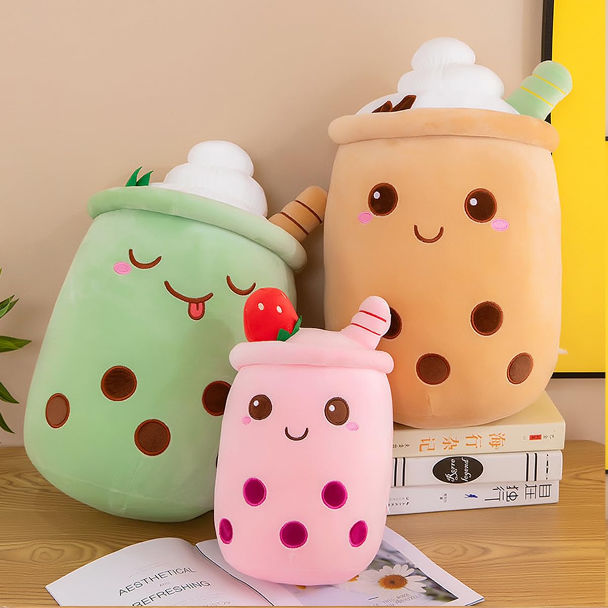 Bubble Tea Kuscheltier,Boba Stofftier Plüschkissen Spielzeug Weiches Umarmungskissen Geschenk für Kinder Mädchen Jungen(Grün-Schielende Augen,50cm)