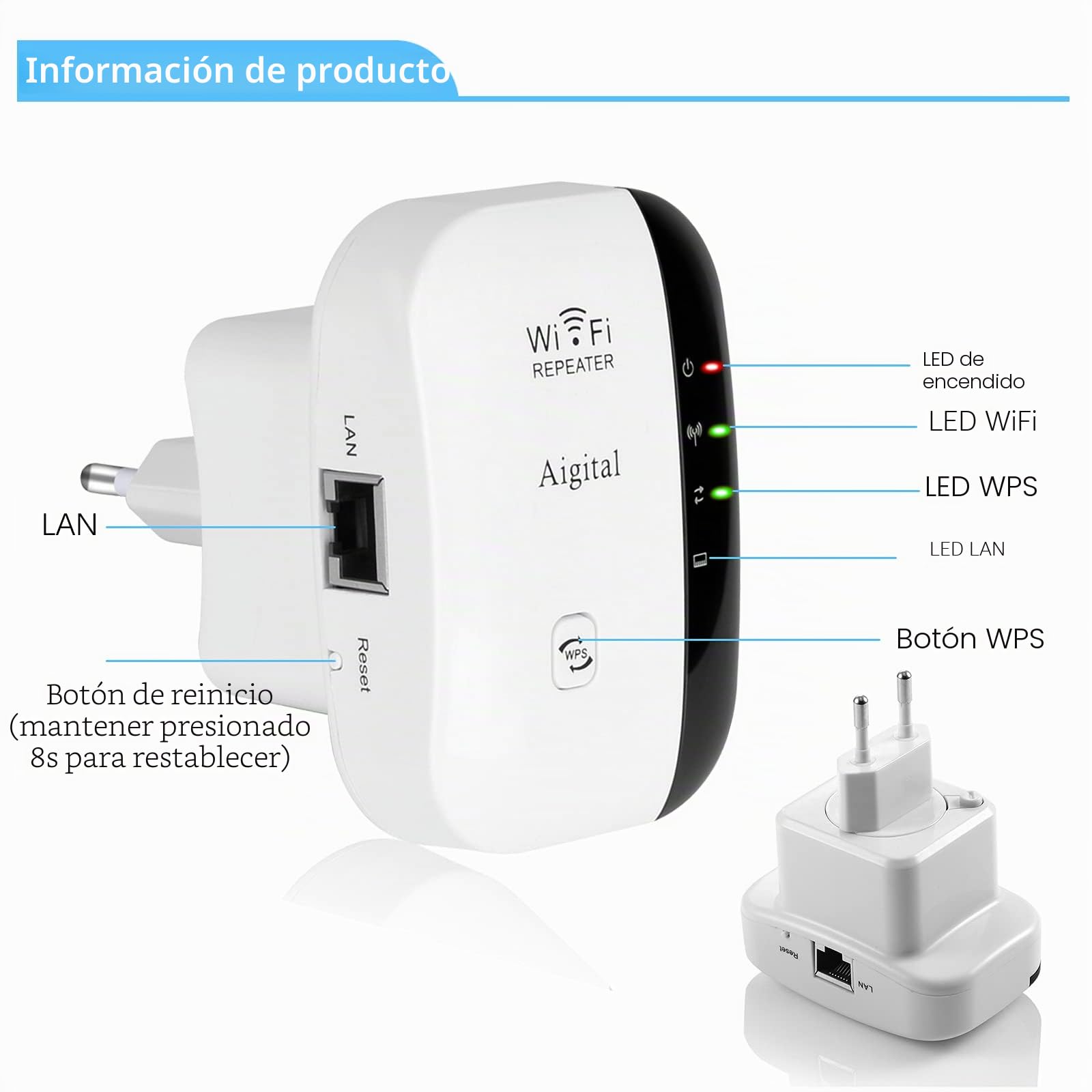 Repetidor WiFi 300Mbps 2.4 GHz, Amplificador y Extensor de Red WiFi Cobertura de hasta 120m², Modo Ap, WPS Botón, Puerto Ethernet, Antenas Internas- Blanco