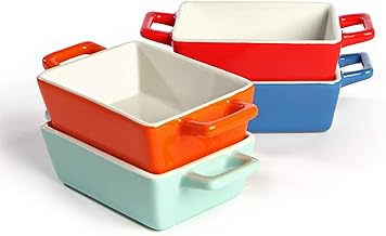Set of 4 Mini Ceramic Oven Dishes – Colourful Stoneware Baking Dishes for Lasagne, Pies, Casserole, Tapas – Small Oven-to-Table Rectangular Portion Dishes | M&W
