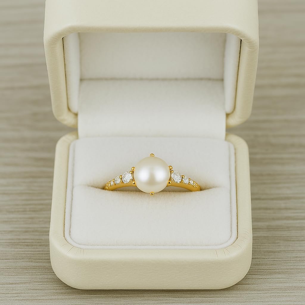 Freshwater Pearl Engagement Ring for Women 14K Yellow Gold Round Pearl Ring with CZ Diamonds Dainty Bridal Promise Ring Classic Vintage Inspired Jewelry Gift