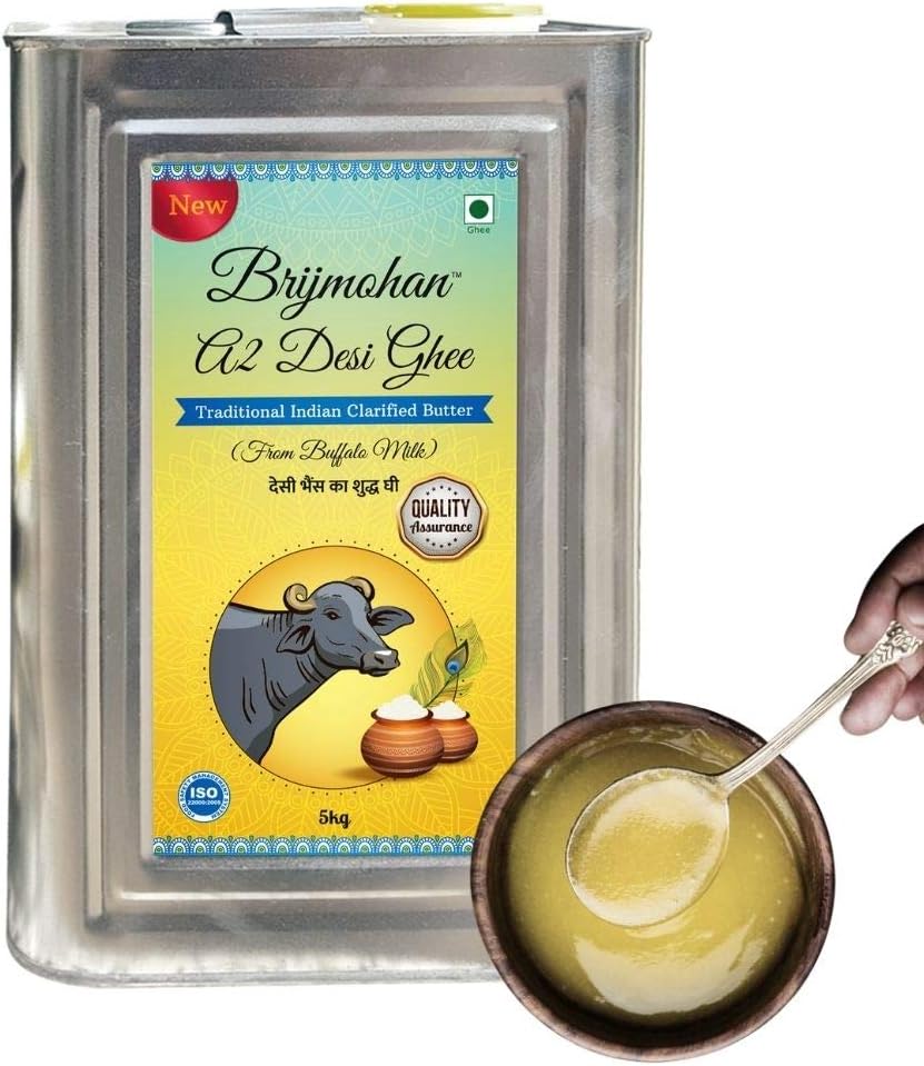 Brijmohan 5 Kg Buffalo A2 Desi Ghee, Pure Unadulterated,Chef�s First Choice,Naturally Rich in Calcium, Minerals like Magnesium, K & P with High Energy. Magnesium to help blood vessels relax, better brain functioning and memory, Chef's-Family Saving Pack-5kg