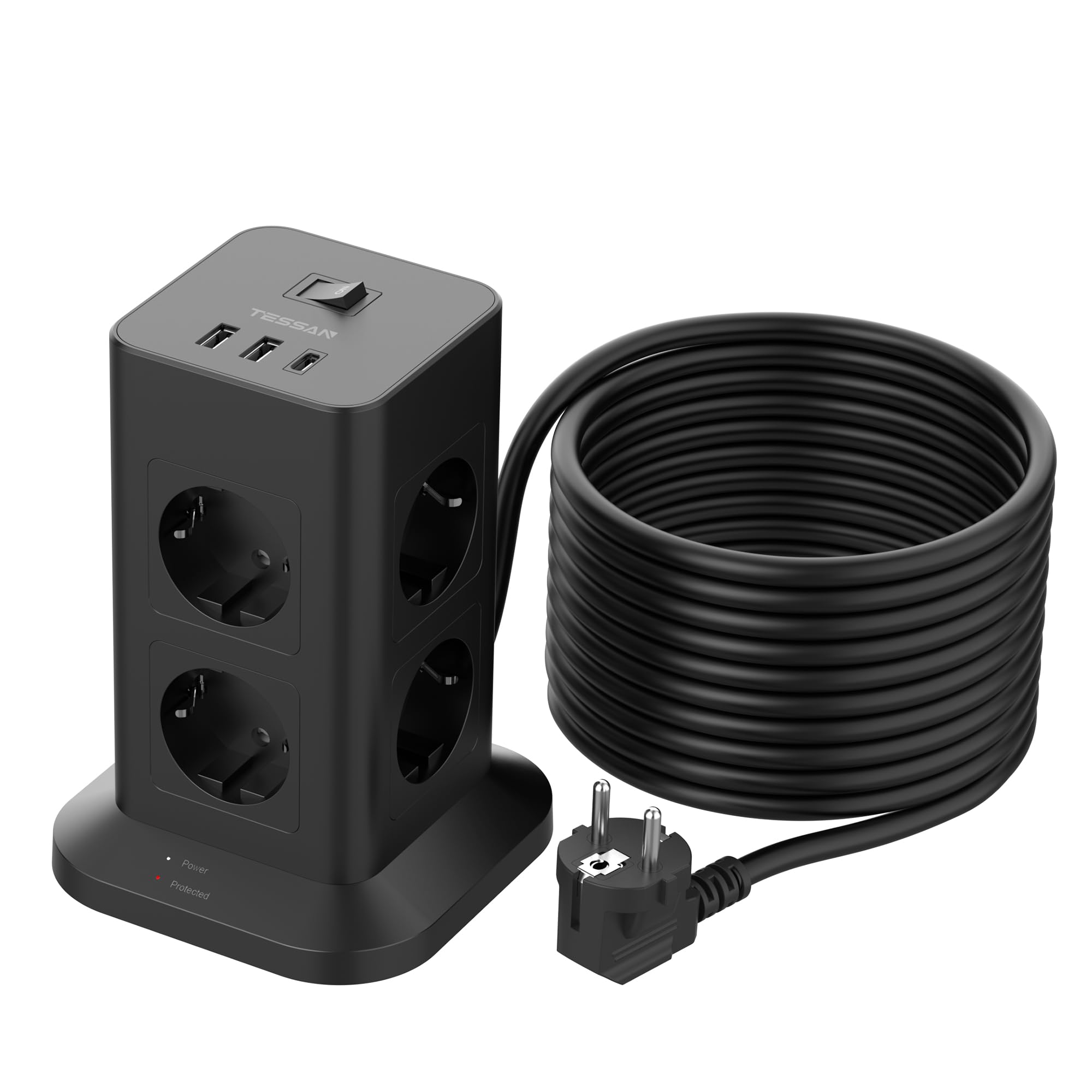 TESSAN 8 Prese Ciabatta Multipresa con USB, Multipresa Elettrica con Prolunga Elettrica 10 Metri, Presa Verticale Protezione Sovratensione, 3600W Ciabatta con Interruttore, Nera