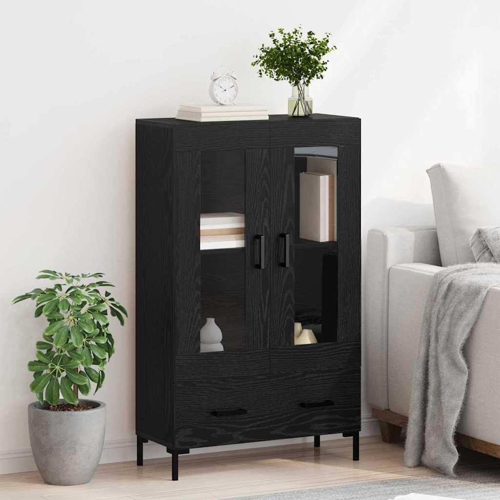 Meuble haut noir aspect chêne en bois 69,5 x 31 x 115 cm avec tiroir, portes, pieds en métal pour salon, salle à manger, bureau, rangement moderne et espace de rangement