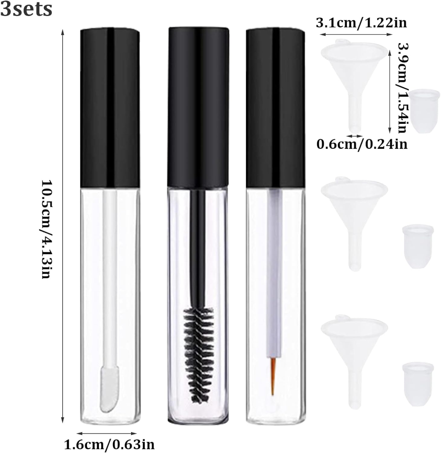 RAJry 3 PCS Set 10ml Empty Mascara Tube 10 ml Eyeliner Bottle 10 ml Lip Gloss Container with 3 Nos. Rubber Inserts and 3 Nos Funnels