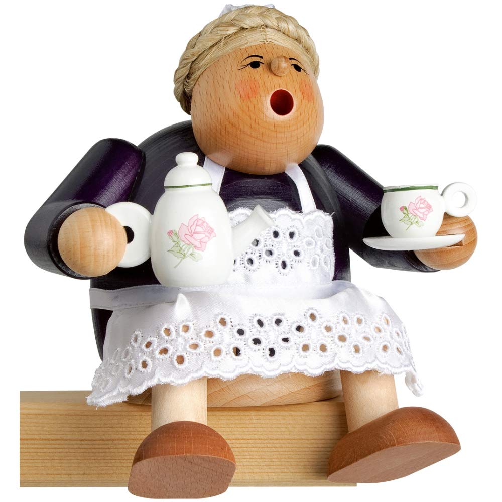 Smoking Man Figurine, Grandmother with Tableware, 14 cm, Wood, Multicolour, One Size