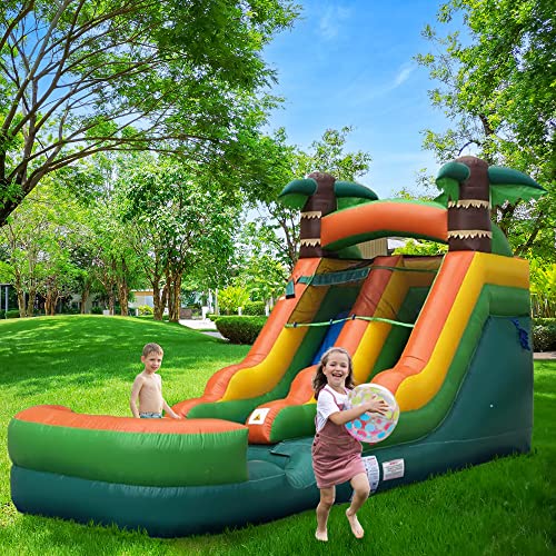 Pogo Bounce House Backyard Inflatable Water Slides for Kids with Splash Pool - Tropical Slides with Water Pool Complete Setup with Blower, and Stakes - 21\' x 9\' - 12\' Tall Slide