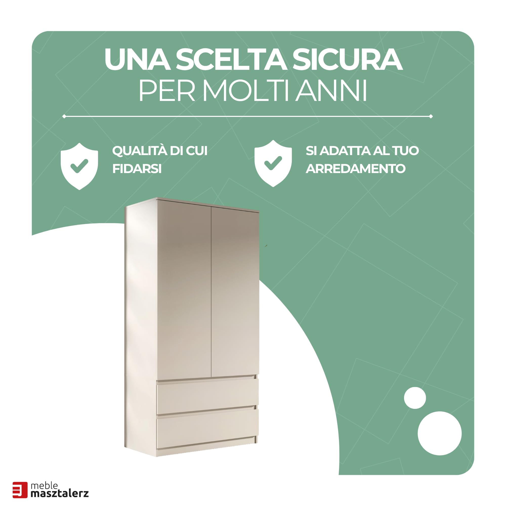meble masztalerz Armadio Camera da Letto con 2 Cassetti Larghezza 90 cm - Mobile Camera da Letto - Armad Camera Letto Moderni - Guardaroba Armadio - Bianco - 180x90x50cm
