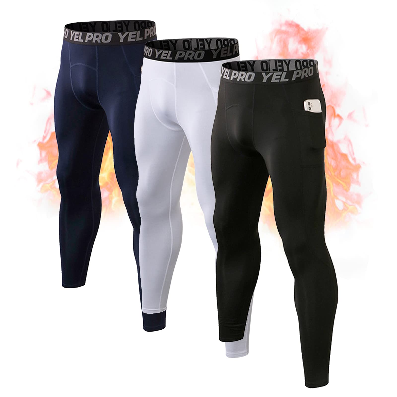 Pantalon de compression en polaire pour homme - Couche de base - Jogging - Entraînement - Course - Yoga, Noir + blanc + bleu marine 3 packs, XXL