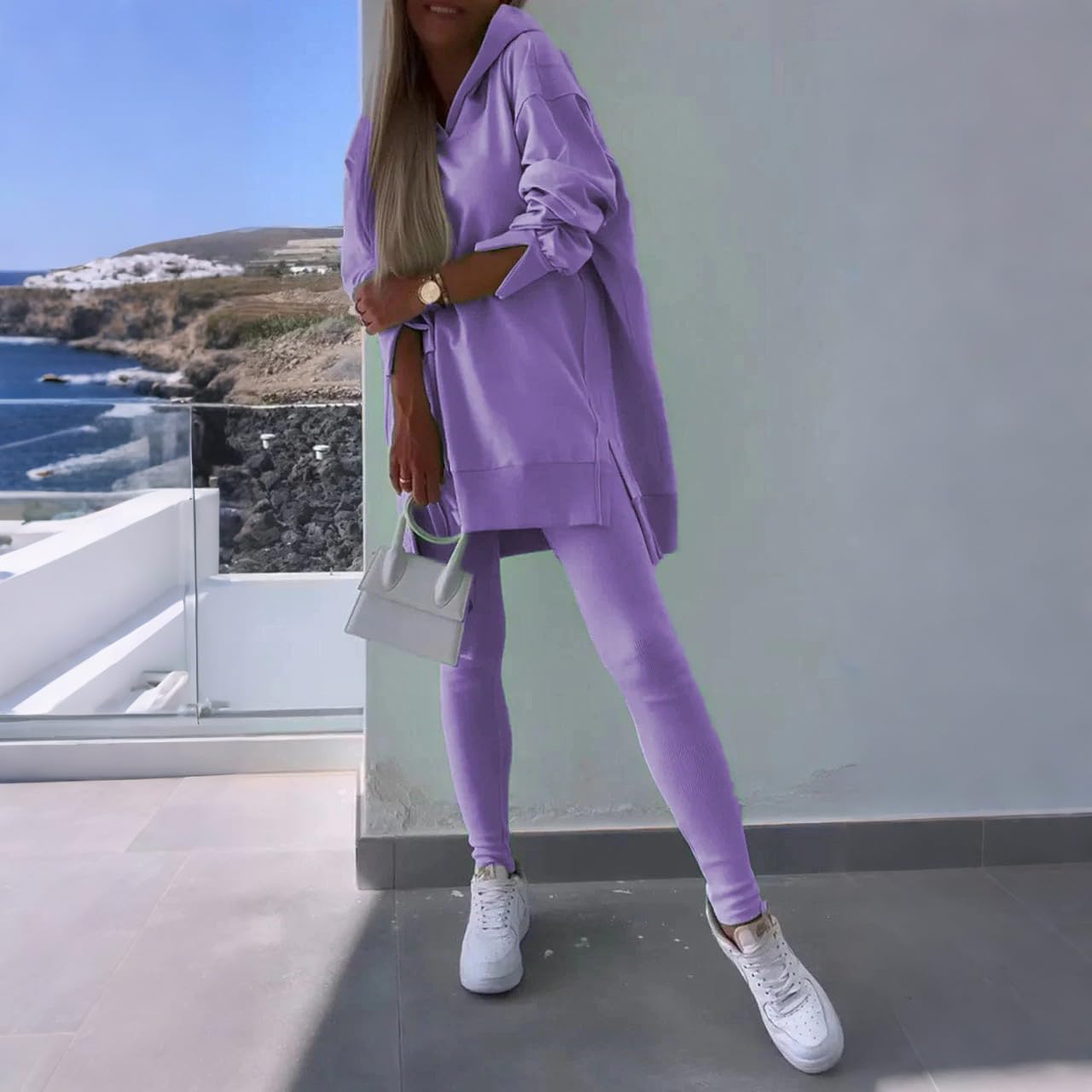 Générique Tuta da donna, con cappuccio, con cerniera, traspirante, casual, per corsa, palestra, fitness, pantaloni aderenti, vestibilità aderente