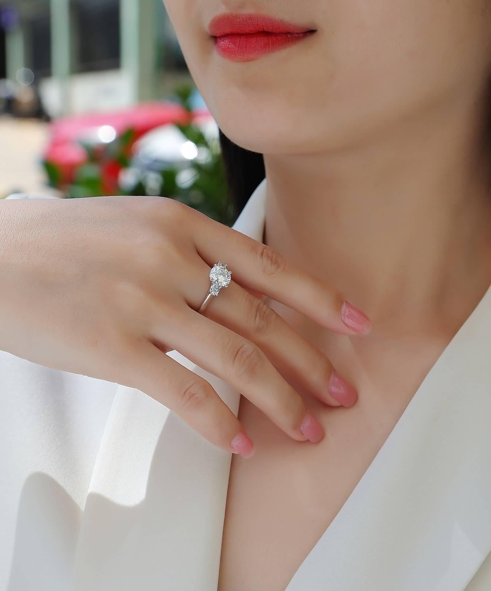 Ringe Frauen Zart, Damenring Daumen Schmaler, Glatter Ring mit 2 Ct Rundem Moissanit Silber 14K Weißgold Größe 57 (18.1)