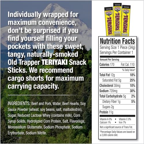Image of Old Trapper Teriyaki Snack Sticks, 1.2-Ounce Individually Wrapped Packages, Natural Wood Smoked Meat Snacks, 11 Grams of Protein per Serving (Pack of 24)