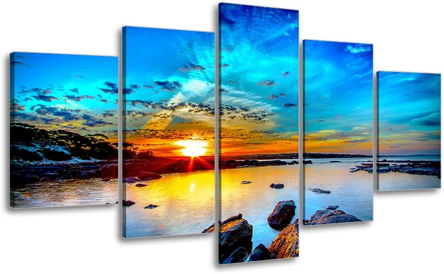 Beach Painting Canvas Wall Art, SZ 5 Piece Beautiful Sunset and Blue Sky Picture, Rocky Seascapes Canvas Prints for Bedroom, Ready to Hang, 1" Deep, Waterproof, Medium