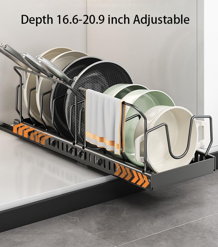 Ausziehbarer Topf- und Pfannen-Organizer für Schrank, ausziehbarer Schrank-Organizer für Topf- und Pfannen-Aufbewahrung, Topfdeckel-Organizer und Halter mit Leitplanke (schwarz, 10 Trennwände
