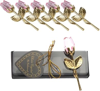 beyonday 5pcs Mini Glass Rose Flower with Box, Romantic Crystal Rose Gift for Wedding Souvenirs Anniversary Birthday New Year Mothers Day, Ideas for Mom Wife Sister GirlfriendsGold-Pink